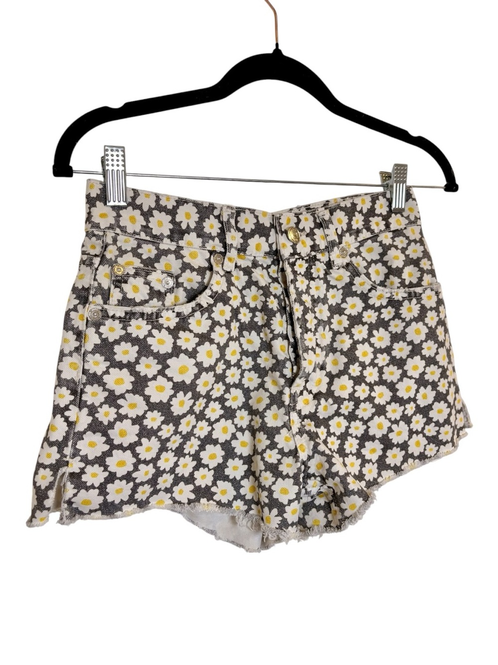 Zara Black White Daisy Print Distressed Denim Cutoff Shorts Y2K Size 2 - Picture 3 of 8